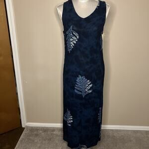Hilo Hattie Hawaiin Dress Dark Blue Tie Dye Leaf Print Long Size S Resortwear